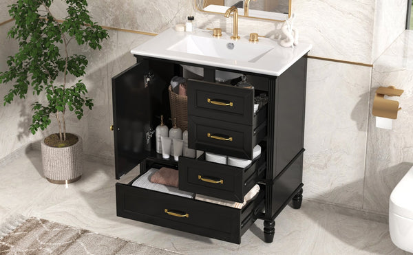 English Elm Christopher Knight Home® - 30" Bathroom Vanity with Ceramic Sink, Acacia & MDF Cabinet, Soft-Close Door & Drawers Black N759P346895B