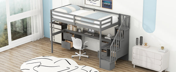 English Elm Twin Loft Bed with Built-In Desk and Double Storage Drawers, Pine & MDF Frame for Small Rooms Gray GX000382AAE