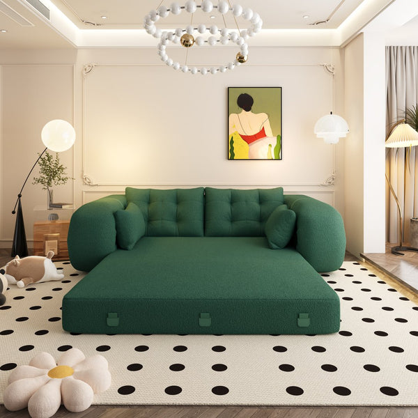 English Elm Human 78.7" Multi-Functional Foldable Sofa Bed – 3-in-1 Teddy Foam Sleeper, Removable Cushions, 2-Seater Guest Lounge Green W1885P277276