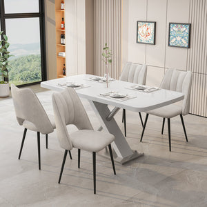 English Elm 5-Piece Modern Retractable Dining Set with Upholstered Chairs, Space-Saving Extendable Table for 4-6 Beige+White W757S00043