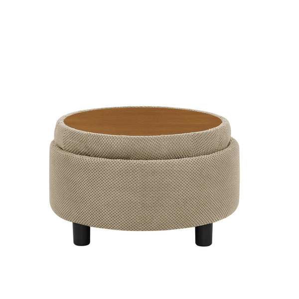 English Elm 25 Inch Round Fabric Pouf Ottoman with Removable Wooden Lid and Hidden Interior Storage Camel W5568P461369