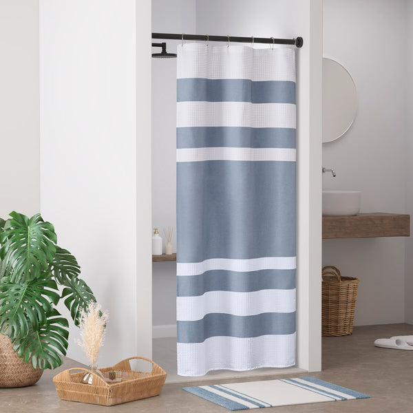 JLA Home Madison Park - Shower Madison Park Spa Waffle Curtain with 3M Scotchgard Water-Repellent Finish and Textured Stripes Dark Blue MP70-8556