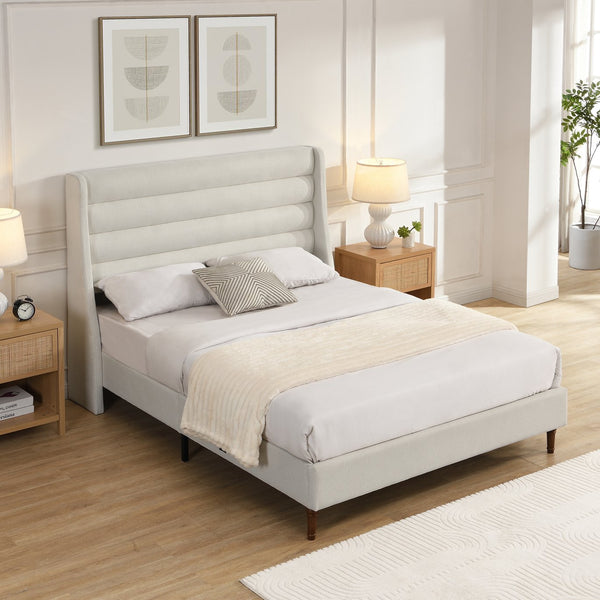 English Elm Queen Chenille Platform Bed with Wave Headboard, Noise-Free EVA Foam, Solid Wood, Ivory Finish W1716P362409