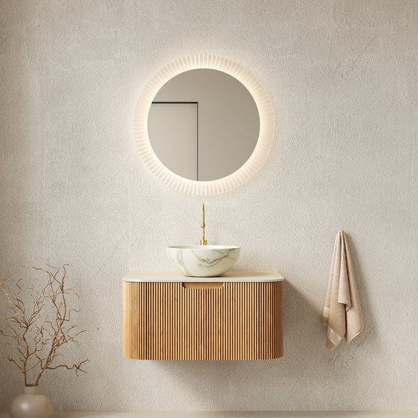 English Elm Muri Floating Bathroom Vanity Plywood Cabinet Sintered Stone Top Oak Drawer Beige,Natural Wood,Stone White W2615S00698