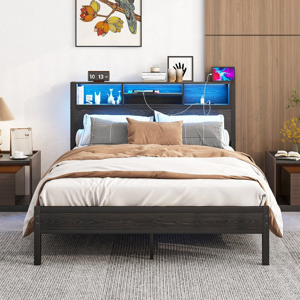 English Elm Full Size Metal Bed Frame with RGB Headboard, USB Charging, 10.6" Under-Storage, Quiet Assembly W840P201068