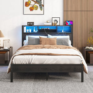 English Elm Full Size Metal Bed Frame with RGB Headboard, USB Charging, 10.6" Under-Storage, Quiet Assembly W840P201068