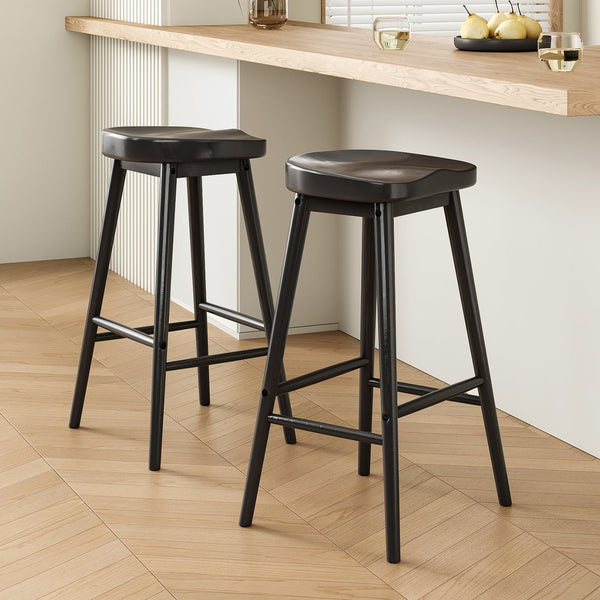 English Elm Counter Height Stools Set of 2 Mid-century Metal Legs Ergonomic Kitchen Island Seating T3623P430857