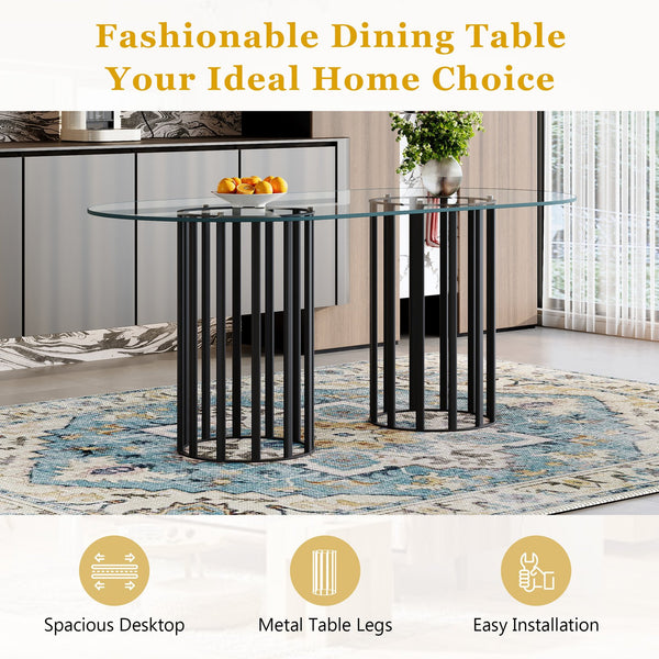 English Elm Table and Chair Set Oval Glass Top Seats 8 Luxe Black Metal Base Dining Room W1151S04749