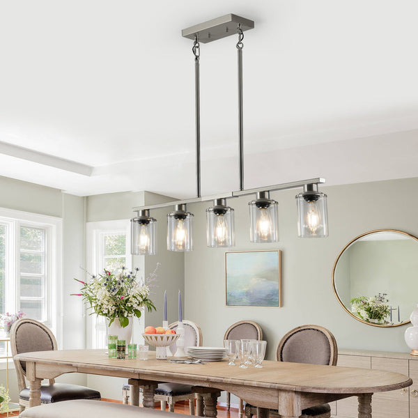 English Elm 37" Brushed Nickel 5-Light Chandelier - Adjustable Hardwired Island Pendant with Clear Glass Shades for Kitchen Dining Room Farmhouse Modern W2312P368678