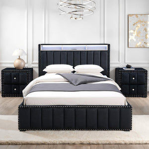 English Elm Contemporary Queen Bedroom Set Channel Tufted Upholstered Bed with Led Headboard Nightstands Black B2741S00773