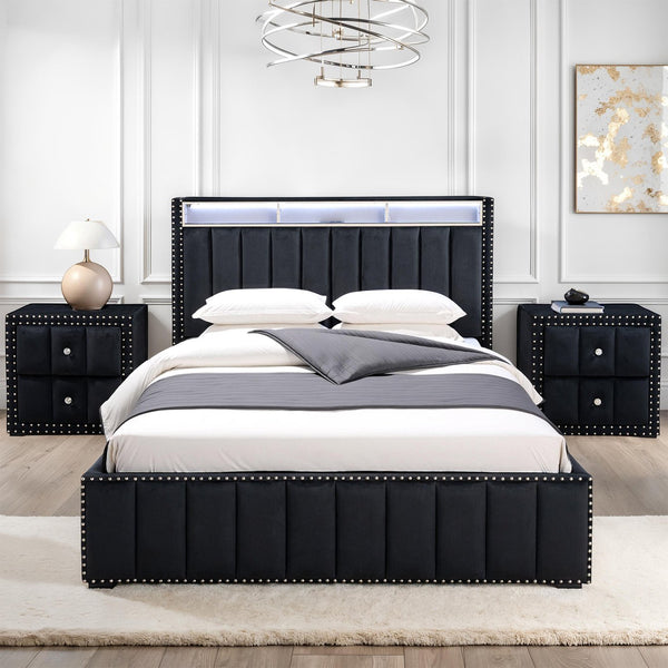 English Elm Contemporary Queen Bedroom Set Channel Tufted Upholstered Bed with Led Headboard Nightstands Black B2741S00773