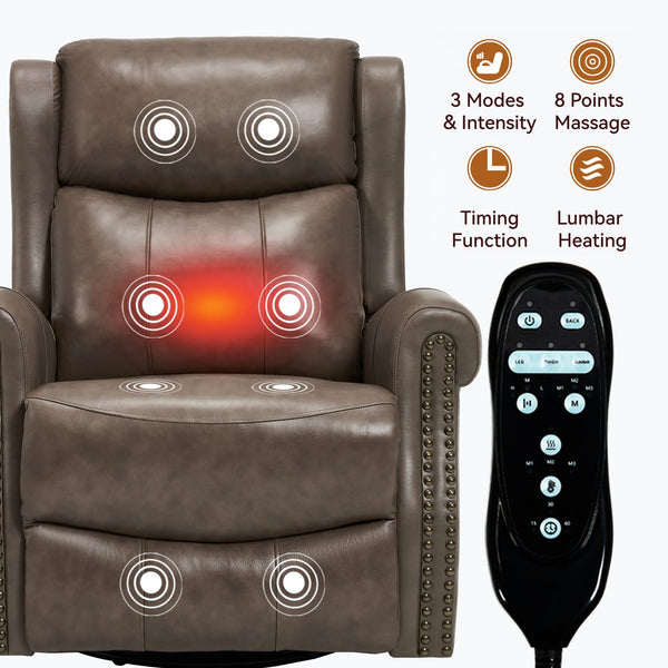 English Elm Heat Massage Swivel Rocker Recliner Genuine Leather Chair with Lumbar Relief W3224S00011