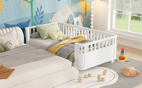 English Elm Twin Solid Pine Platform Bed with Guardrail for Kids — Low Profile White Twin Bed, Durable 250lb Capacity W2593P296772