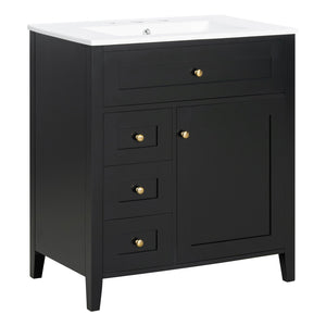 English Elm 30-Inch Contemporary Bathroom Vanity with Sink, MDF & Rubberwood, Glossy Finish, 3 Drawers + Cabinet Black N725P350819B