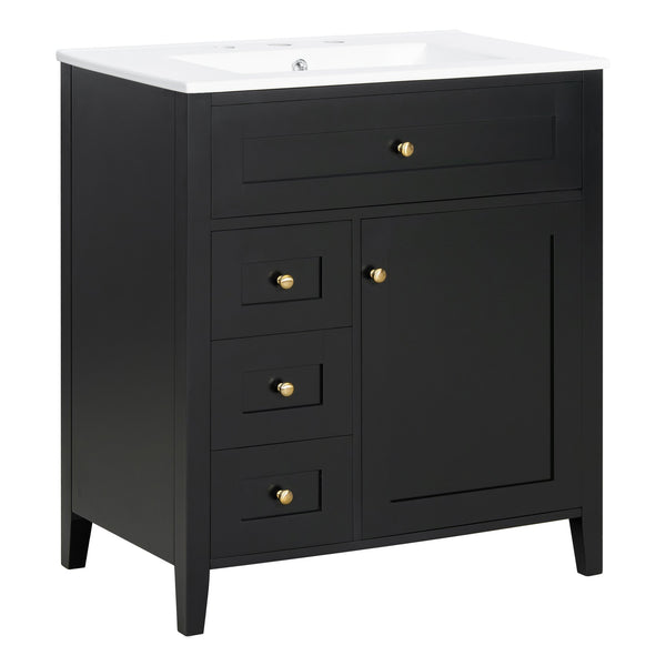 English Elm 30-Inch Contemporary Bathroom Vanity with Sink, MDF & Rubberwood, Glossy Finish, 3 Drawers + Cabinet Black N725P350819B