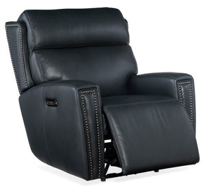 Hooker Furniture Ruthe Zero Gravity Power Recliner With Top-Grain Leather, Usb Port, Pewter Nailhead Trim Elegance Dark Blue SS704-PHZ1-049