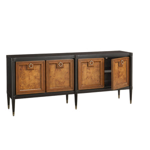Pulaski Furniture 4-door Mid-century Modern Console With Elegant Mapa Burl Doors, Versatile Storage & Stylish Design Black Mapa Burl P301794-pulaski