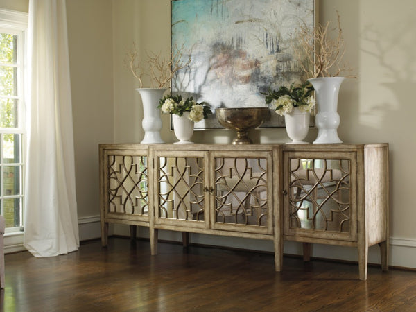 Hooker Furniture Sanctuary Four-Door Mirrored Console With Antique Mirror & Gold-Leaf Fretwork, Surf-Visage Finish, Versatile Storage 3013-85001