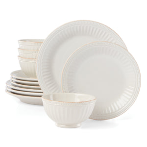 Lenox French Perle Groove 12-Piece Plate & Bowl Dinnerware Set White, WHITE STONEWARE 870010