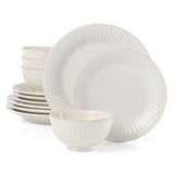 French Perle Groove 12-Piece Dinnerware Set - Rustic Charm, Microwave & Dishwasher Safe