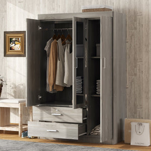 English Elm 3-door Wardrobe with Full Length Mirror Lockable Drawer and Bedroom Shelf Storage Gray LP006601AAE