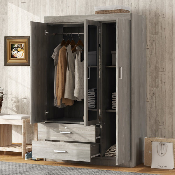 English Elm 3-door Wardrobe with Full Length Mirror Lockable Drawer and Bedroom Shelf Storage Gray LP006601AAE