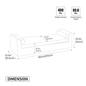 English Elm 88.58" Wide Chenille Upholstered Bench with Curved Armrests and Bolster Pillows for Bedroom Navy W3189S00029