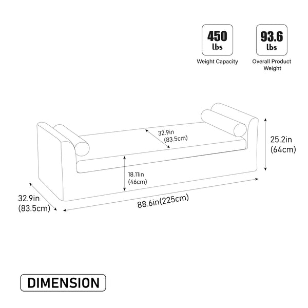 English Elm 88.58" Wide Chenille Upholstered Bench with Curved Armrests and Bolster Pillows for Bedroom Navy W3189S00029
