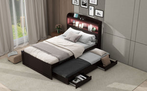 English Elm Twin XL Platform Bed with LED Headboard, Built-In Charging Station, Trundle & 2 Drawers for Space-Saving Bedrooms Dark Brown GX001829AAP