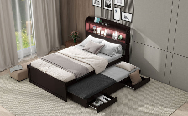 English Elm Twin XL Platform Bed with LED Headboard, Built-In Charging Station, Trundle & 2 Drawers for Space-Saving Bedrooms Dark Brown GX001829AAP