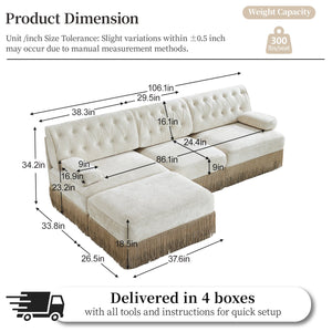English Elm 3-seater Velvet Modular Sectional Sofa with Button Tufting Tassel Skirt Living Room Beige W714S01686