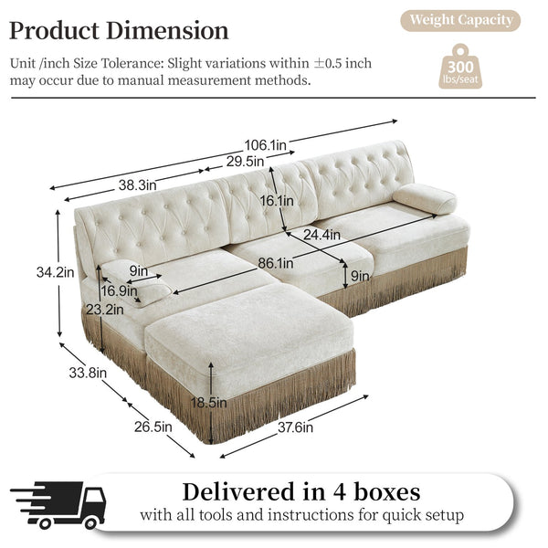 English Elm 3-seater Velvet Modular Sectional Sofa with Button Tufting Tassel Skirt Living Room Beige W714S01686