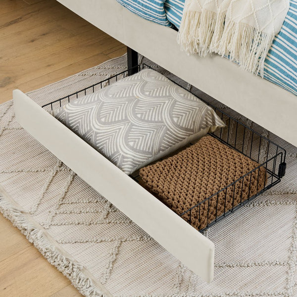 English Elm Full Velvet Upholstered Platform Bed Full Size with 2 Underbed Storage Drawers, Foam Seat, Modern Design Beige W1413P298911