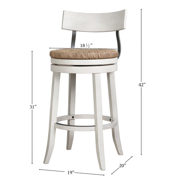 English Elm 31" Reclaimed Wood Barstool Woven Seagrass Seat Swivel Return for Kitchen Islands White B2751P436445