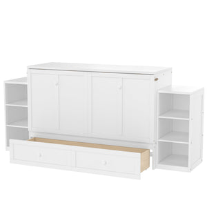 English Elm Queen Murphy Wall Bed with Open Shelves and Drawers for Guest or Office Rooms White W5316S00007