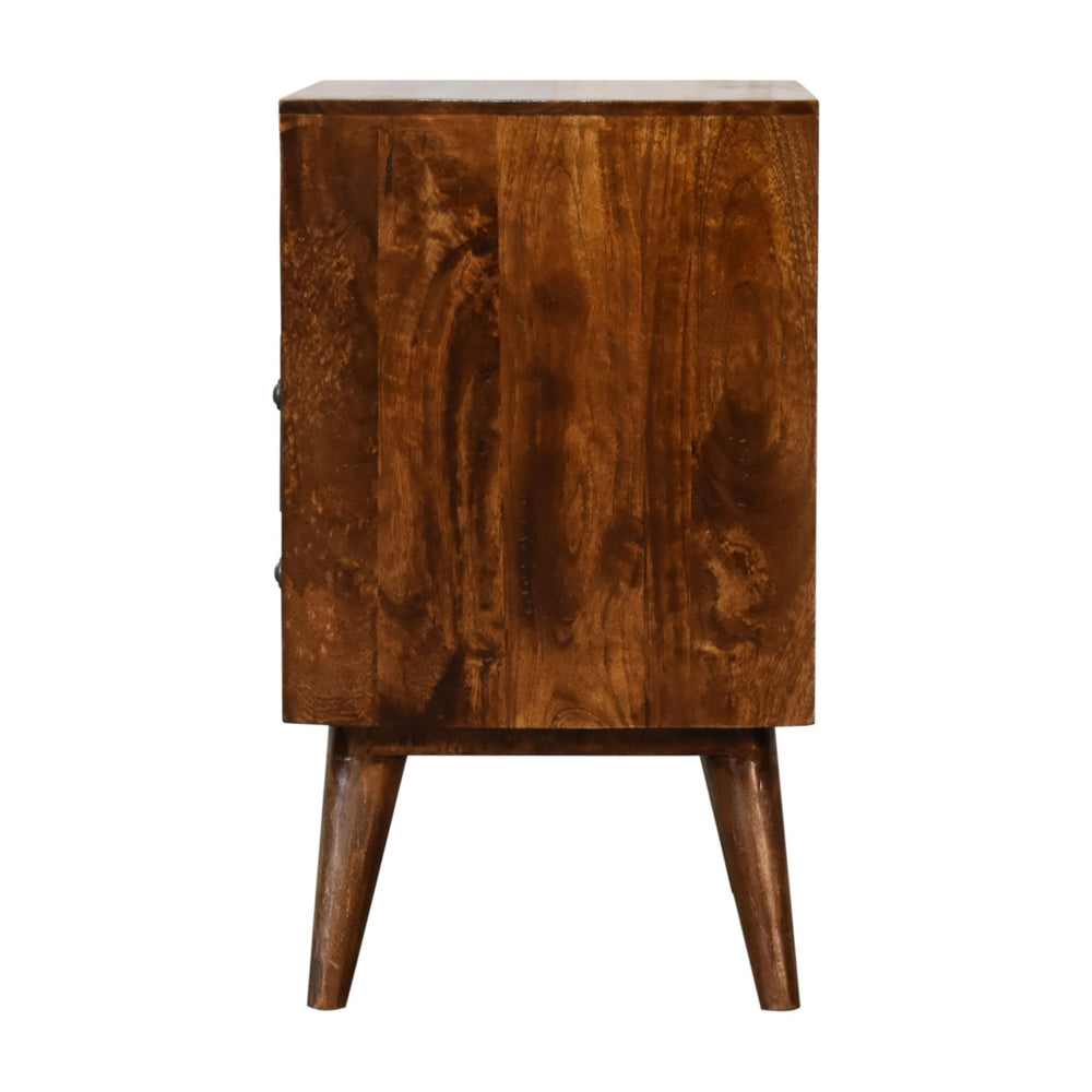 English Elm Classic Chestnut Solid Mango Wood Nightstand with Brass Knobs, 2 Drawers & Open Shelf, Nordic Legs B182P336645