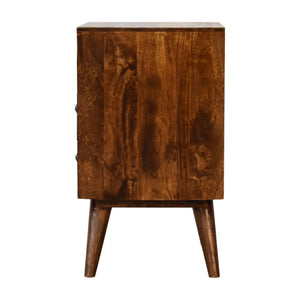 English Elm Classic Chestnut Solid Mango Wood Nightstand with Brass Knobs, 2 Drawers & Open Shelf, Nordic Legs B182P336645