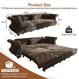 English Elm 97.6" Oversized Velvet Chesterfield Sleeper Sofa Floral Tufted Roll Arm Living Room Couch Brown W1885S00399