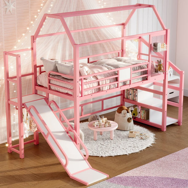 English Elm Twin House Loft Bed with Slide and Stairs, Metal Playhouse with Storage Shelves and Quiet Design Pink W1580S00349