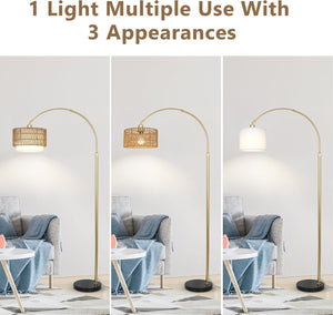 English Elm Arc Rattan Arc Floor Lamp with Remote & Dimmable LED, Height Adjustable, Boho Farmhouse Glow Brown+Gold W2738P227439
