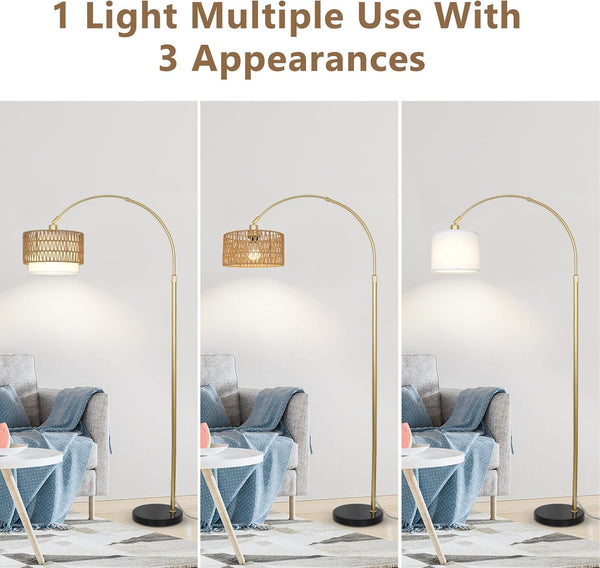 English Elm Arc Rattan Arc Floor Lamp with Remote & Dimmable LED, Height Adjustable, Boho Farmhouse Glow Brown+Gold W2738P227439