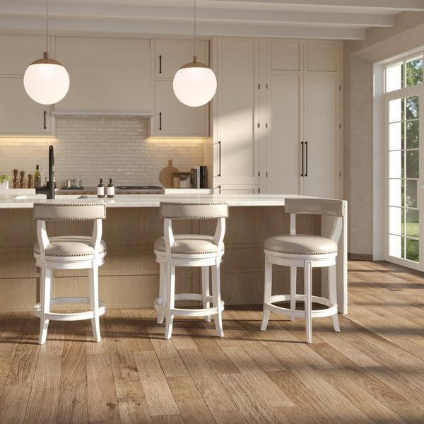 English Elm 26" Counter Height Swivel Barstool Woven Linen Seat Nailhead Trim Solid Wood Frame White B2751P436450