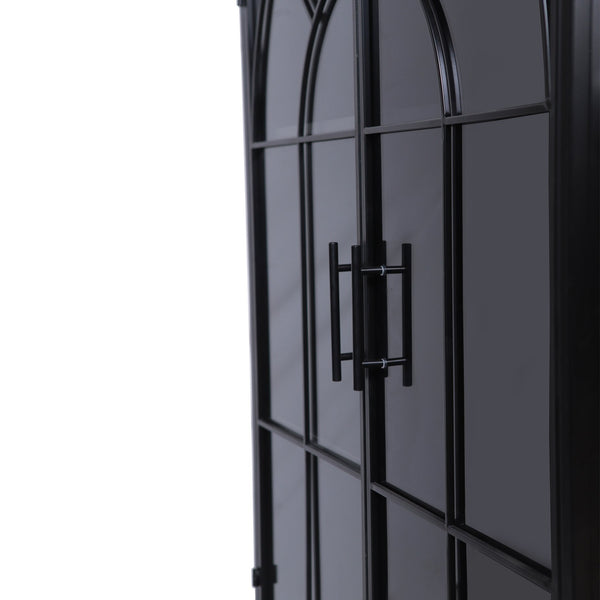 English Elm Modern Arched Storage Cabinet Antique Black Steel & Tempered Glass Doors Industrial Farmhouse Display W3122P272652