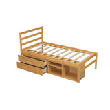 English Elm Twin Size Wood Platform Bed With Removable Storage Shelves, Built-In Two Storage Drawers For Added Convenience, Natural