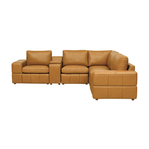 English Elm Premium Leather Match Sectional with Dual Recliners Cup Holders and Storage Console Ginger B2748S00135