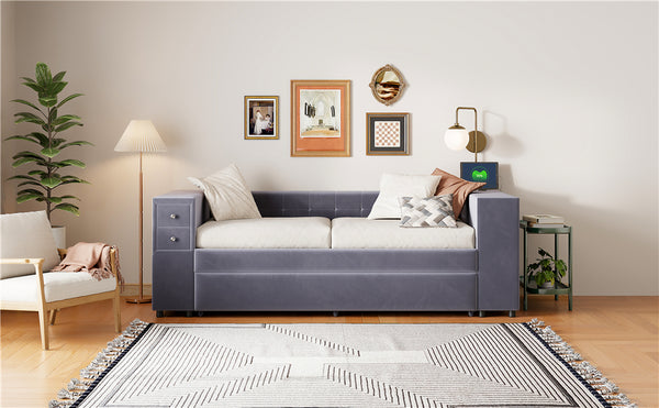 English Elm Twin Upholstered Bed with Trundle and Storage Drawers, USB Ports, French Velvet Luxurious Feel Gray SF000184AAE