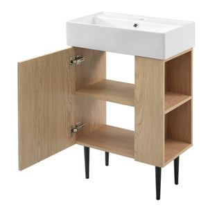 English Elm 21.6" Wood Bathroom Vanity with Ceramic Sink, Right Side Storage, Gold Legs, Soft-Close Doors, Modern SV000006AAD