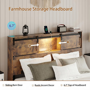 English Elm Queen Metal Platform Bed Dark Brown Storage Headboard with Usb Charging No Box Spring W636P419871