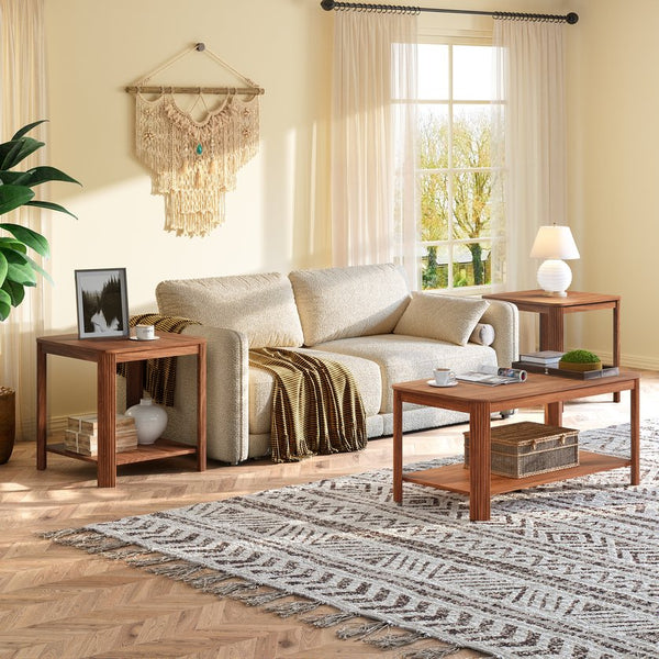 English Elm Arc Corner Oak Coffee Table with Open Shelf Wave Grain Legs Modern Living Room Accent W5563P449954