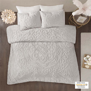 JLA Home Madison Park - 3-Piece Tufted Cotton Chenille Medallion Duvet Cover Set with Button Closure, Corner Ties, OEKO-TEX Grey MP12-5983